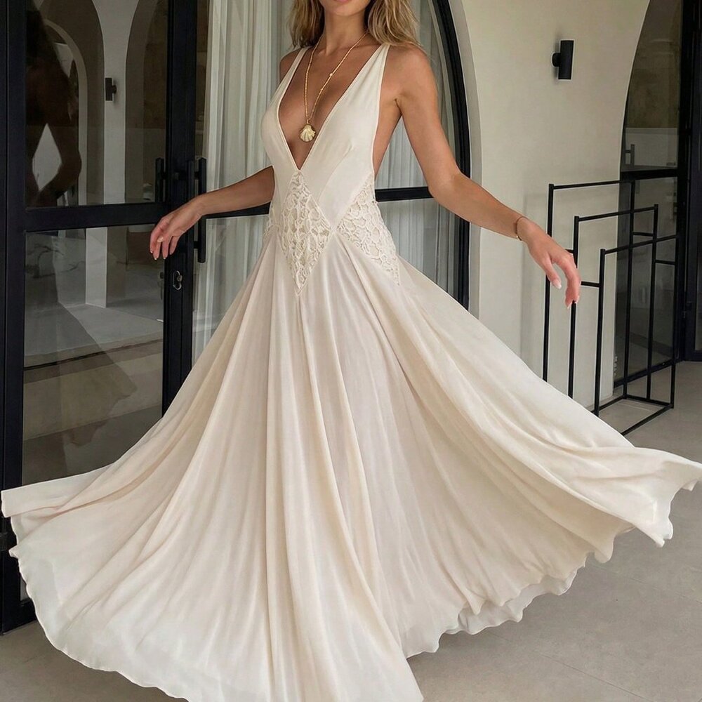 Apricot Elegant Women's Maxi Dress Deep V-Neck Mesh Patchwork Backless A-Line